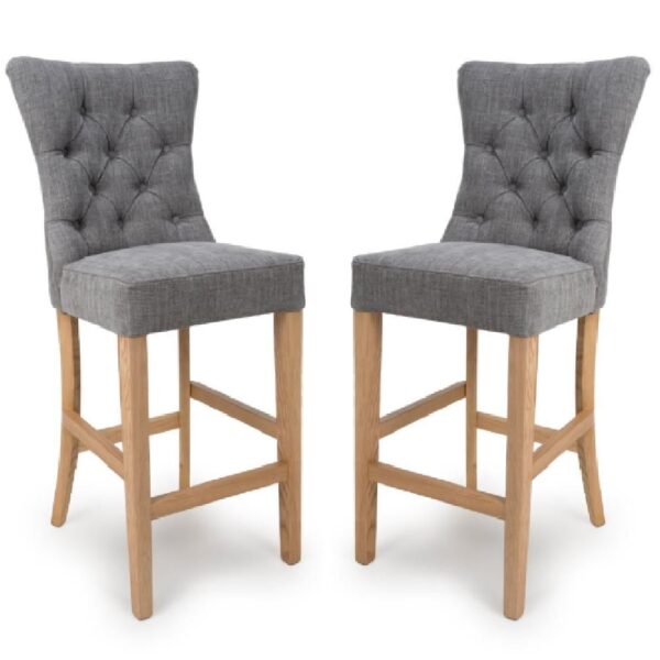 Elyria Grey Fabric Bar Stool With Oak Legs In Pair