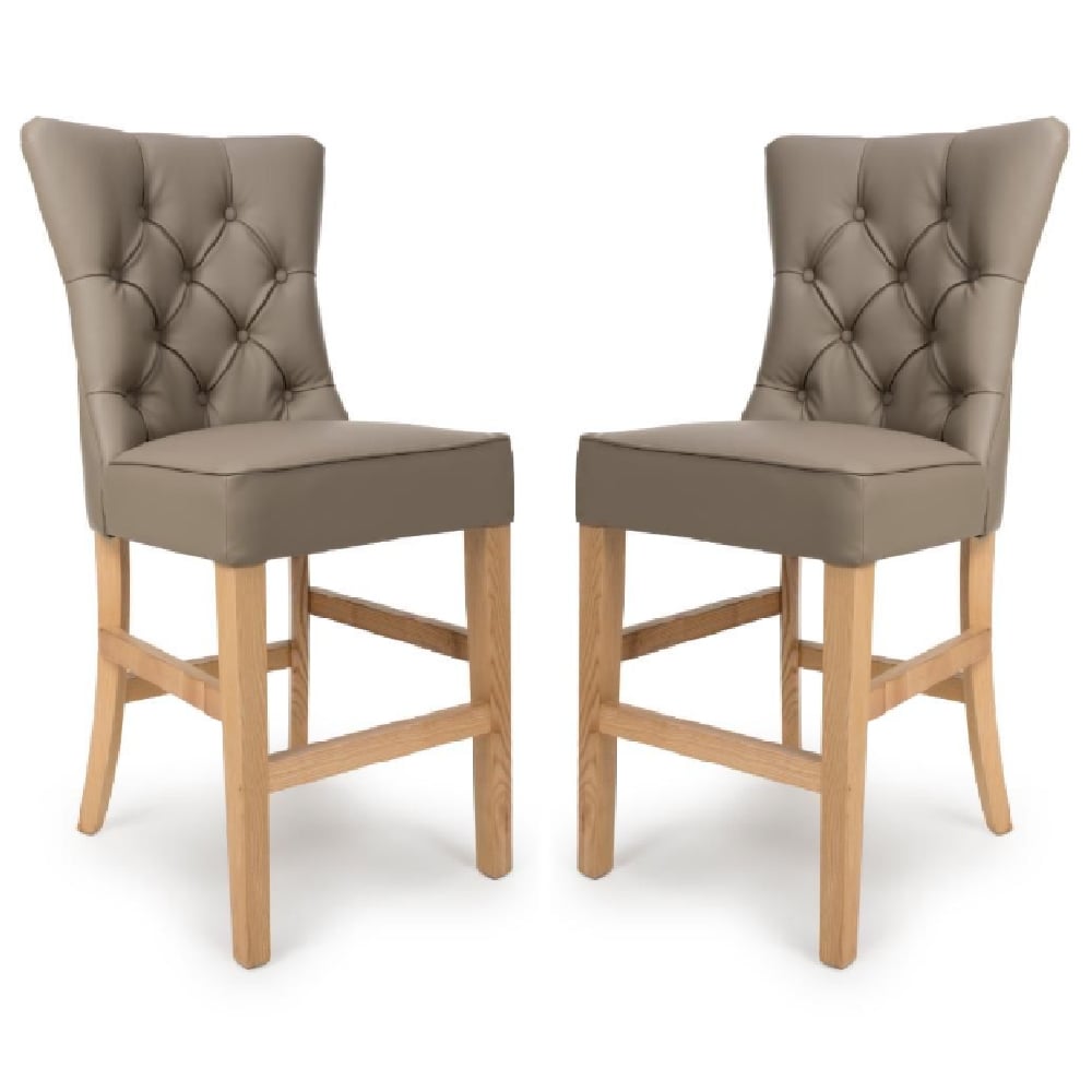 Elyria Taupe PU Leather Bar Chairs With Oak Legs In Pair