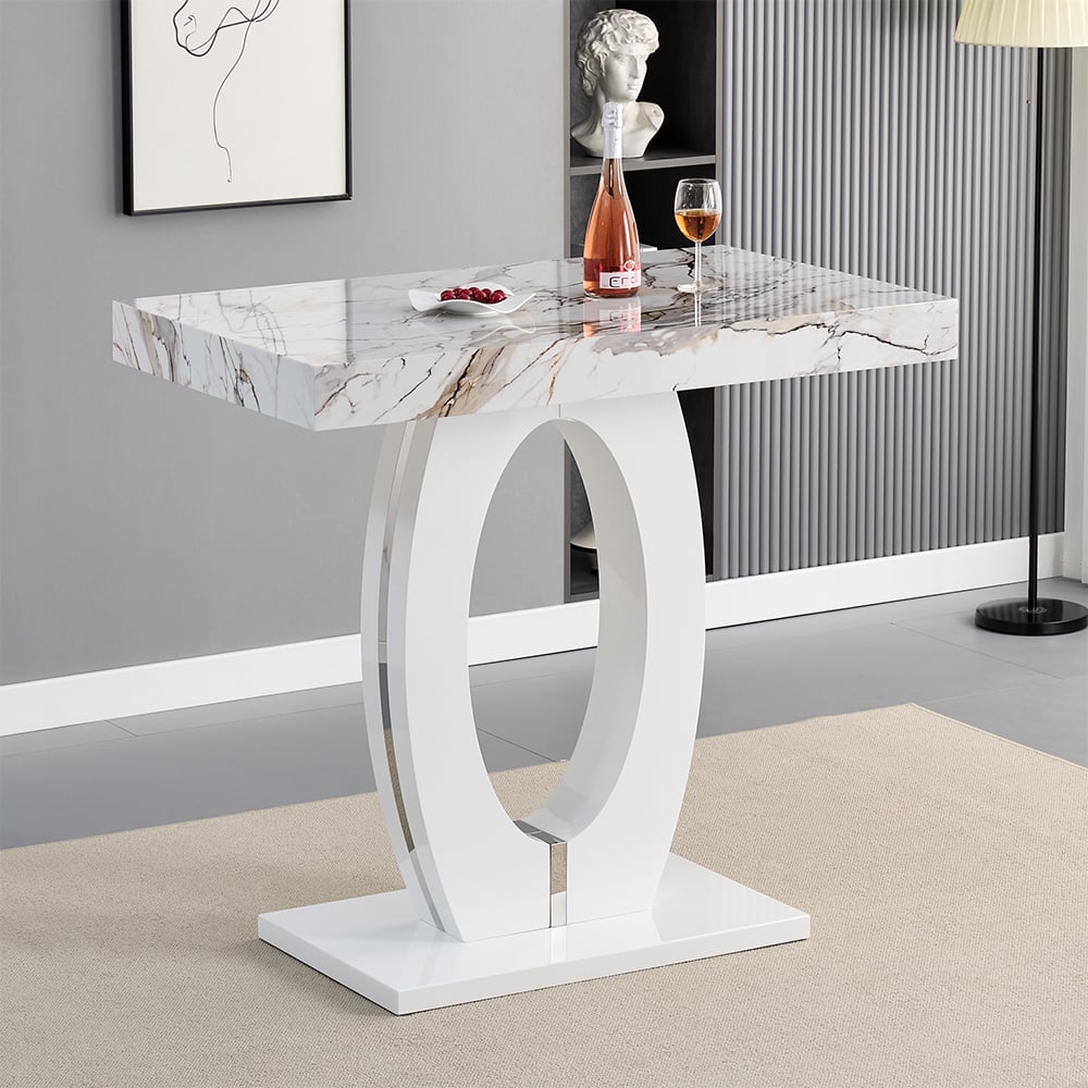 Halo High Gloss Bar Table In White And Milo Marble Effect