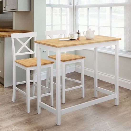 Macall Wooden Bar Table In Light Oak Effect With Two Bar Stools