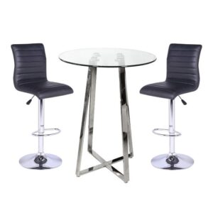 Poseur Clear Glass Bar Table With 2 Ripple Black Bar Stools