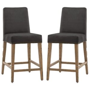 Roselle Mouse Velvet Bar Chairs With Oak Legs In Pair