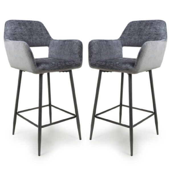 Safford Blue And Grey Fabric Bar Chairs With Black Legs In Pair