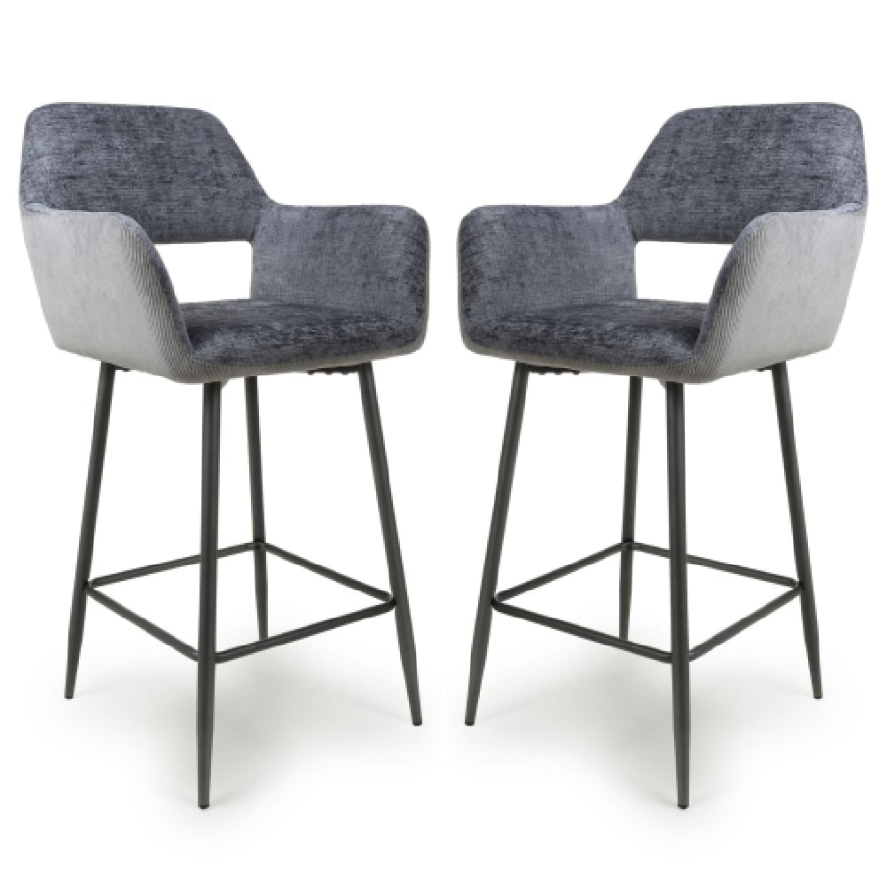 Safford Blue And Grey Fabric Bar Chairs With Black Legs In Pair