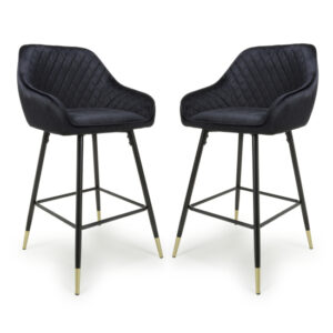 Sedona Black Velvet Bar Stools With Metal Legs In Pair