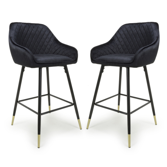 Sedona Black Velvet Bar Stools With Metal Legs In Pair