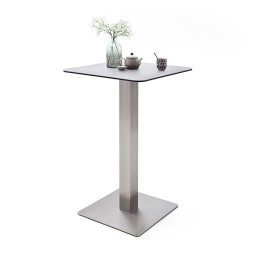 Soho Glass Bar Table Square In Light Grey And Brushed Steel Base