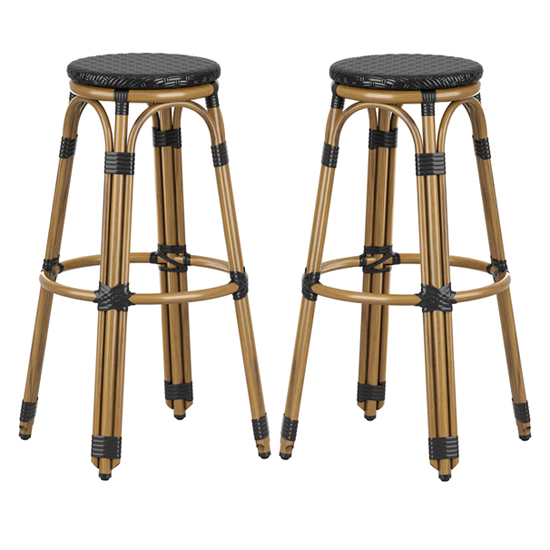 Toller Outdoor Black Aluminium Cane Effect Bar Stools In Pair