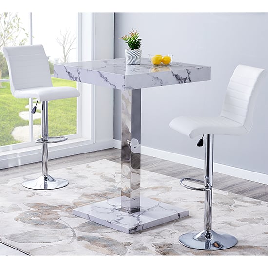 Topaz Diva Marble Effect Gloss Bar Table 2 Ripple White Stools