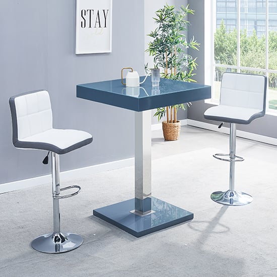 Topaz Glass Grey Gloss Bar Table With 2 Copez White Grey Stools