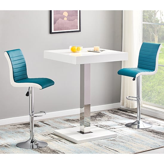 Topaz White High Gloss Bar Table With 2 Ritz Teal White Stools